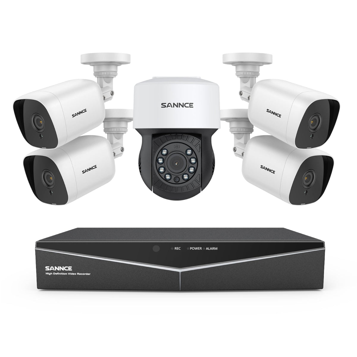 1080p 8CH PT Überwachungskamera System, 4 Stück 2MP Bullet Kamera Weiß & PT Kamera & Hybrid 5-in-1 DVR, 100ft Nachtsicht, Bewegungserkennung, IP66 Wasserdicht