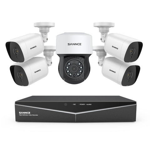 1080p 8CH PT Überwachungskamera System, 4 Stück 2MP Bullet Kamera Weiß & PT Kamera & Hybrid 5-in-1 DVR, 100ft Nachtsicht, Bewegungserkennung, IP66 Wasserdicht