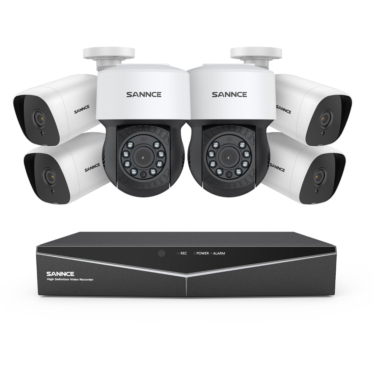 1080p 8CH PT Überwachungskamera System, 4 Stück 2MP Bullet Kamera Weiß & 2xPT Kamera & Hybrid 5-in-1 DVR, 100ft Nachtsicht, Bewegungserkennung, IP66 Wasserdicht