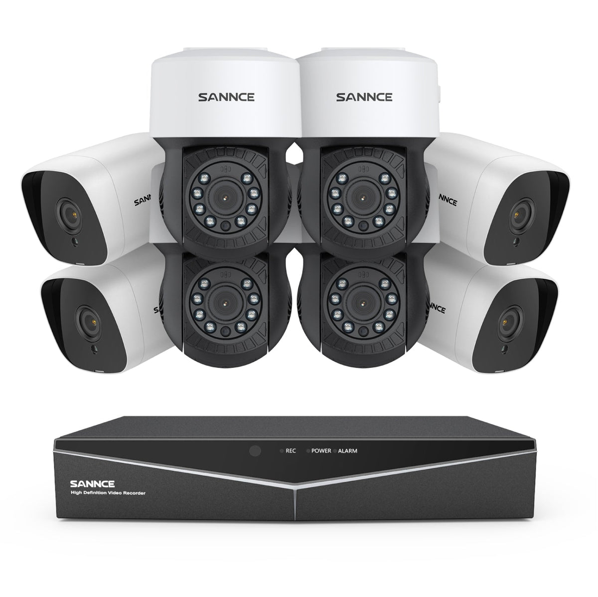 1080p 8CH PT Überwachungskamera System, 4 Stück 2MP Bullet Kamera Weiß & 4XPT Kamera & Hybrid 5-in-1 DVR, 100ft Nachtsicht, Bewegungserkennung, IP66 Wasserdicht