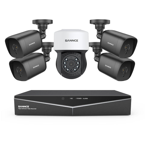 1080p 8CH PT Überwachungskamera System, 4 Stück 2MP Bullet Kamera Schwarz & PT Kamera & Hybrid 5-in-1 DVR, 100ft Nachtsicht, Bewegungserkennung, IP66 Wasserdicht