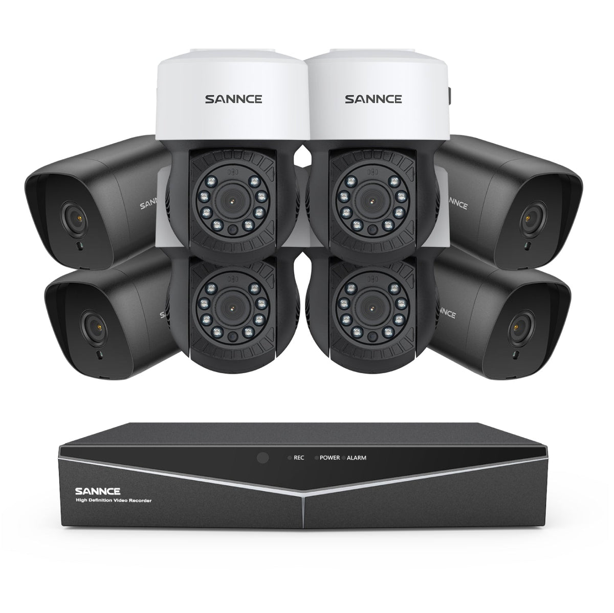 1080p 8CH PT Überwachungskamera System, 4 Stück 2MP Bullet Kamera Schwarz & 4XPT Kamera & Hybrid 5-in-1 DVR, 100ft Nachtsicht, Bewegungserkennung, IP66 Wasserdicht