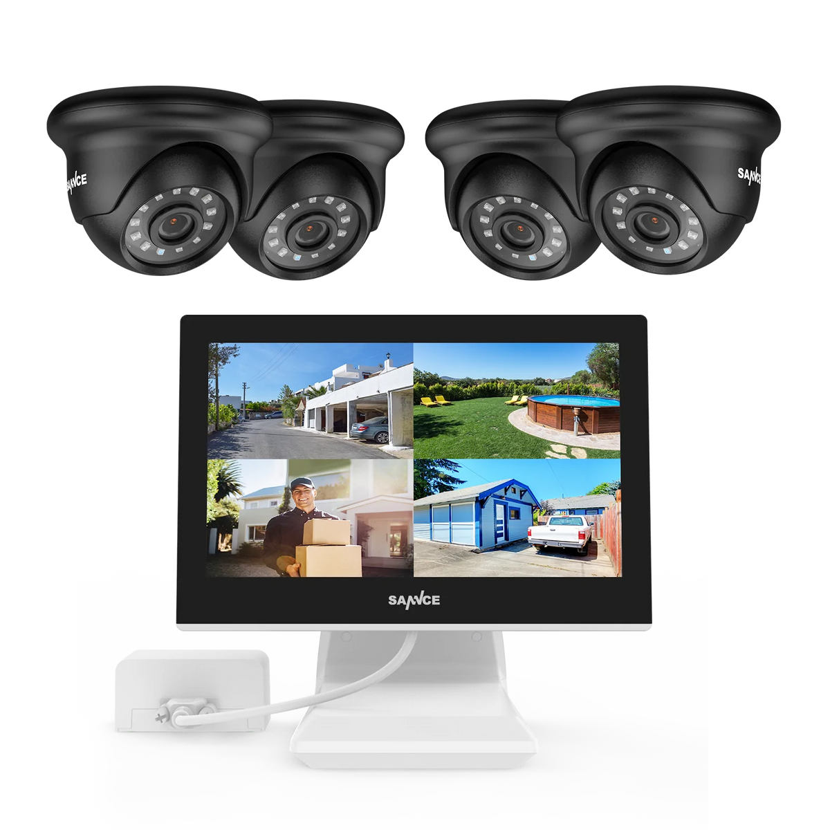 1080p 4CH Überwachungskamera Set, 4 Stück 2MP Dome Kamera für Außen, 10.1’’ Farbiger LCD-Monitor, Intelligente Bewegungserkennung, IP66 Wasserdicht, Schwarz