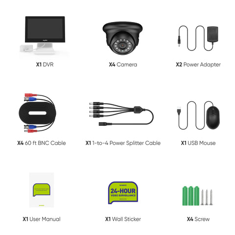 1080p 4CH Überwachungskamera Set, 4 Stück 2MP Dome Kamera für Außen, 10.1’’ Farbiger LCD-Monitor, Intelligente Bewegungserkennung, IP66 Wasserdicht, Schwarz