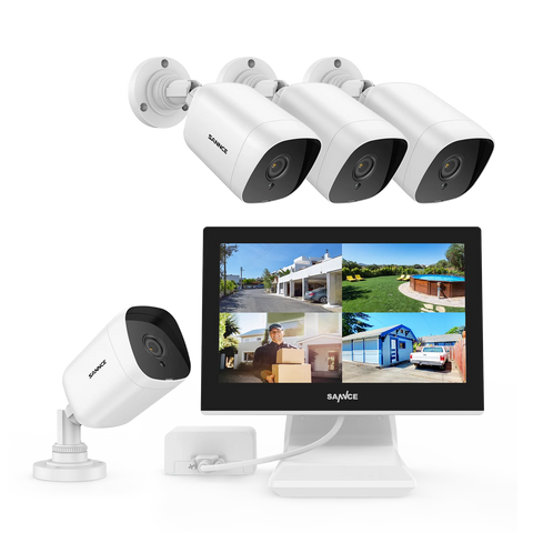 1080p 4CH Überwachungskamera Set, 4 Stück 2MP Bullet Kamera für Außen, 10.1’’ Farbiger LCD-Monitor, IP66 Wasserdicht, Weiß