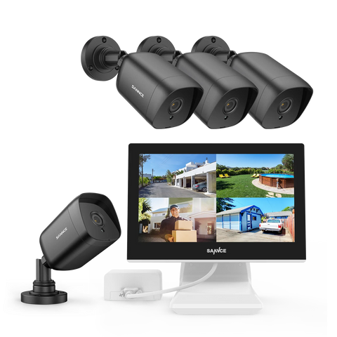 1080p 4CH Überwachungskamera Set, 4 Stück 2MP Bullet Kamera für Außen, 10.1’’ Farbiger LCD-Monitor, IP66 Wasserdicht, Schwarz