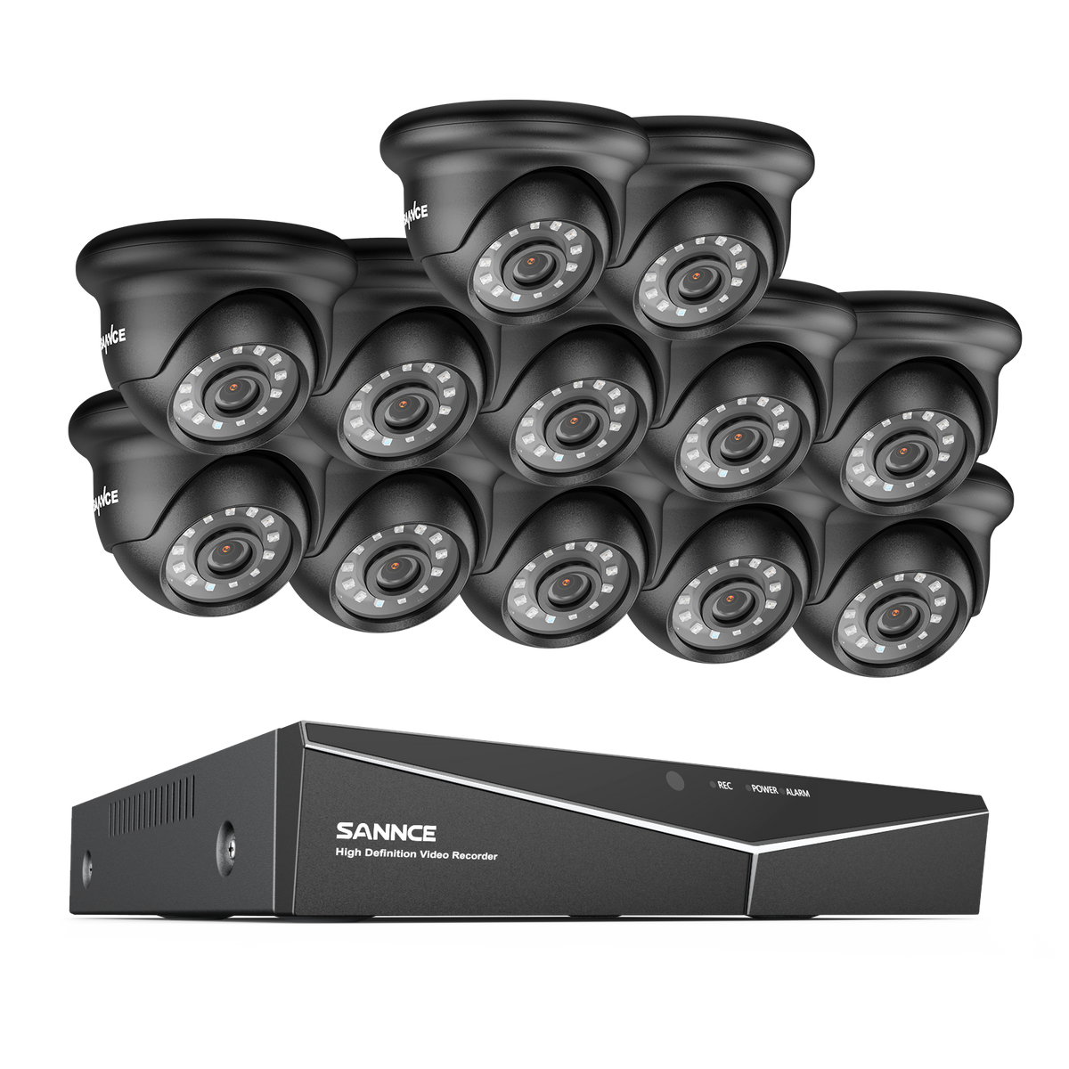 1080p 16CH Analog Überwachungskamera & DVR Set, 12 Stück Schwarz Außen Turret Kamera, Intelligente Bewegungserkennung, 100ft Infrarot Nachtsicht, IP66 Wasserdicht