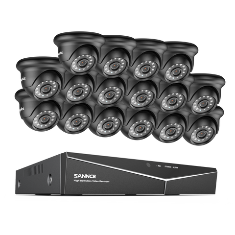 1080p 16CH Analog Überwachungskamera & DVR Set, 16 Stück Schwarz Außen Dome Kamera, Intelligente Bewegungserkennung, 100ft Infrarot Nachtsicht, IP66 Wasserdicht