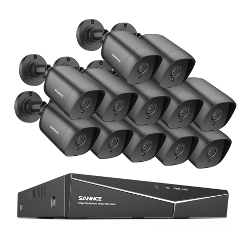 1080p 16CH Analog Überwachungskamera & DVR Set, 12 Stück Schwarz Außen Bullet Kamera, Intelligente Bewegungserkennung, 100ft Infrarot Nachtsicht, IP66 Wasserdicht