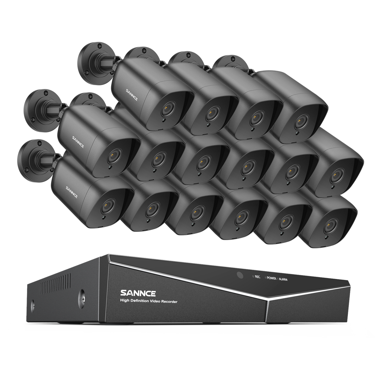 1080p 16CH Analog Überwachungskamera & DVR Set, 16 Stück Schwarz Außen Bullet Kamera, Intelligente Bewegungserkennung, 100ft Infrarot Nachtsicht, IP66 Wasserdicht