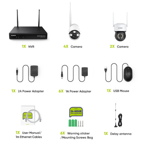 3MP 10CH WLAN PTZ & Bullet Überwachungskamera Set, 350°/90° PTZ Schwenkbar, Kabellose Repeater, 2-Wege-Audio, KI-Personenerkennung, Kompatibel mit Alexa (2xPTZ Kamera, 4xBullet Kamera und 8MP 10CH NVR)