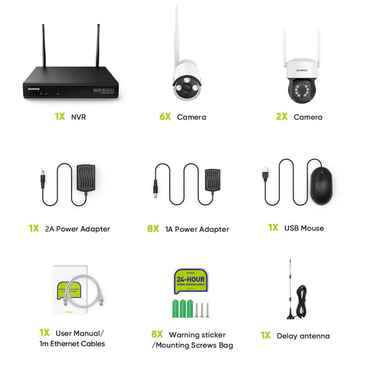 3MP 10CH WLAN PTZ & Bullet Überwachungskamera Set, 350°/90° PTZ Schwenkbar, Kabellose Repeater, 2-Wege-Audio, KI-Personenerkennung, Kompatibel mit Alexa (2xPTZ Kamera, 6xBullet Kamera und 8MP 10CH NVR)