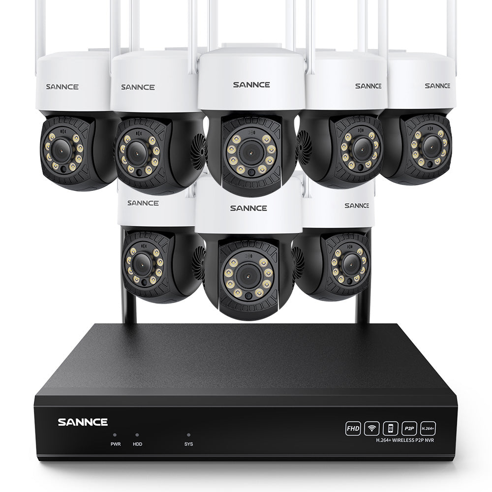 5MP 10CH Funk PTZ Überwachungskamera Set, 350°/90° PTZ Schwenkbar, Nachtsicht in Farbe, Kabellose Repeater-Funktion, Bewegungserkennung, Kompatibel mit Alexa (8x5MP PTZ IP Kamera und 8MP 10CH NVR)