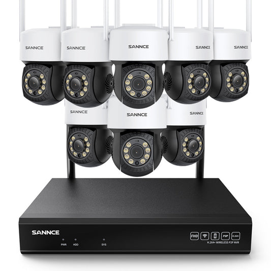 5MP 10CH Funk PTZ Überwachungskamera Set, 350°/90° PTZ Schwenkbar, Nachtsicht in Farbe, Kabellose Repeater-Funktion, Bewegungserkennung, Kompatibel mit Alexa (8x5MP PTZ IP Kamera und 8MP 10CH NVR)