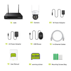 3MP 10CH WLAN PTZ Überwachungskamera Set, 350°/90° PTZ Schwenkbar, Farbnachtsicht, Bewegungserkennung, Kompatibel mit Alexa, IP66 Wasserdicht (8x3MP PTZ Kamera und 8MP 10CH NVR)