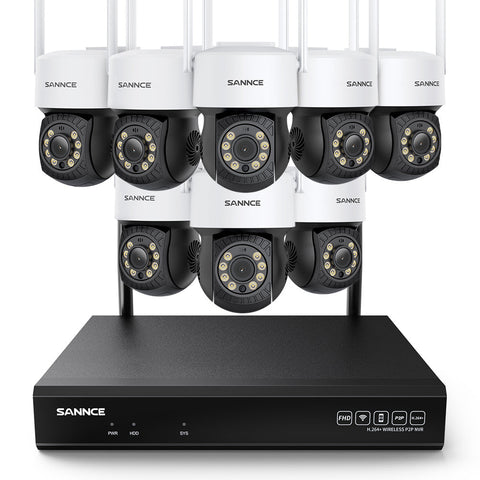 5MP 10CH Funk PTZ Überwachungskamera Set, 350°/90° PTZ Schwenkbar, Nachtsicht in Farbe, Kabellose Repeater-Funktion, Bewegungserkennung, Kompatibel mit Alexa (8x5MP PTZ IP Kamera und 8MP 10CH NVR)