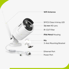 WLAN 3MP 10CH Überwachungskamera Set für Außen,  Audioaufnahme, IP66 Wasserdicht, KI-Personenerkennung, Alexa Unterstützung (4x3MP IP Bullet-Kamera und 8MP 10CH NVR)