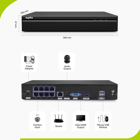 4K 8 Kanal POE Überwachungskamera Set, Audioaufnahme, Personenerkennung, Plug und Play, Fernzugriff, IP66 Wasserdicht (8x3MP POE Kamera und 4K 8CH NVR)